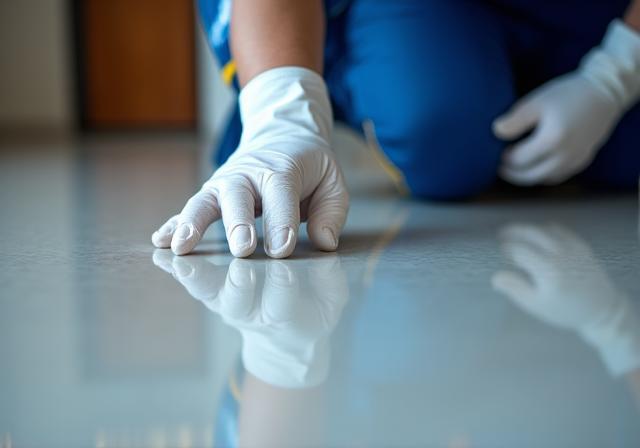 Professional cleaning staff checking a clean surface meticulously